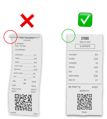 Sample image of two receipts. The receipt on the left is a bad sample in which the edges of the receipt are folded/curled over which obstructs some text and the receipt is not flat making the text harder to read. The receipt on the right is a good sample in which the receipt is laid flat with all corners visible and all text is easy to read.