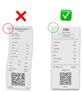Sample image of two receipts. The receipt on the left is a bad sample in which the edges of the receipt are folded/curled over which obstructs some text and the receipt is not flat making the text harder to read. The receipt on the right is a good sample in which the receipt is laid flat with all corners visible and all text is easy to read.
